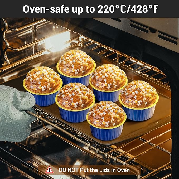 EUSOAR Aluminum Foil Baking Cups with Lids, Royal Blue 100pcs 5oz Creme Brulee Ramekins Disposable, Muffin Liners Cups，Mini Cheesecake Foil Pans Dessert Containers with Lids for Party Favor Birthday