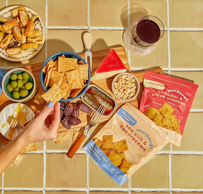 Unbothered Foods Cheddar & Chive Sourdough Crackers - Gut-Friendly & Easy to Digest, Non-GMO, No Added Sugar, Nut-Free, Perfect for Cheese & Snacks, 100% Naturally Fermented (2 Pack)