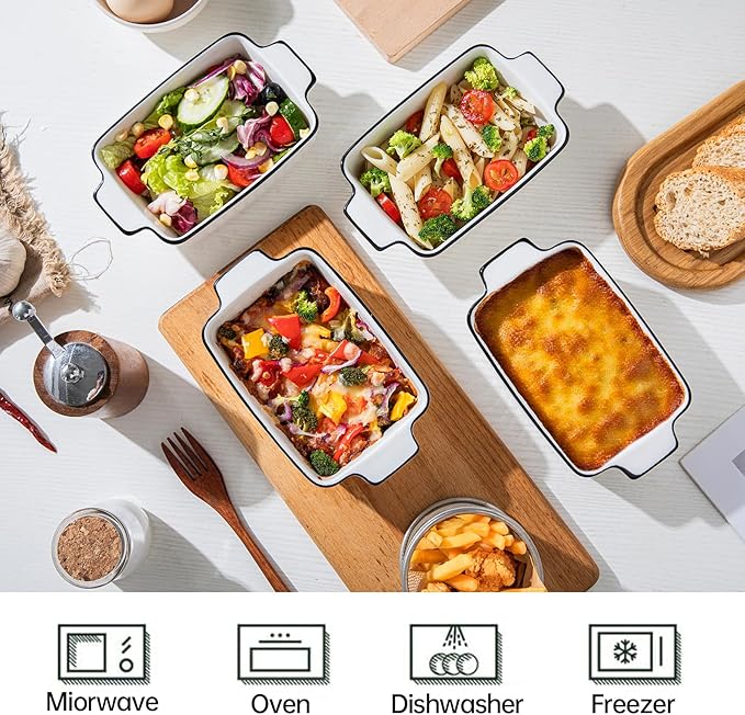 Ceramic Casserole Dish Set with Handles Sets of 4 - Oven, Microwave & Dishwasher Safe 12OZ Rectangular Bakeware |Deep Baking Pans for Lasagna, Cake, Cooking & Gift Use