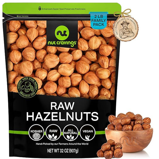 NUT CRAVINGS - Raw Hazelnuts Filberts with Skin - Unsalted, Shelled, (32oz - 2 LB) Bulk Nuts Packed Fresh in Resealable Bag - Kosher Healthy Snack, Food Assortments Ideal for Trail Mixed Nuts