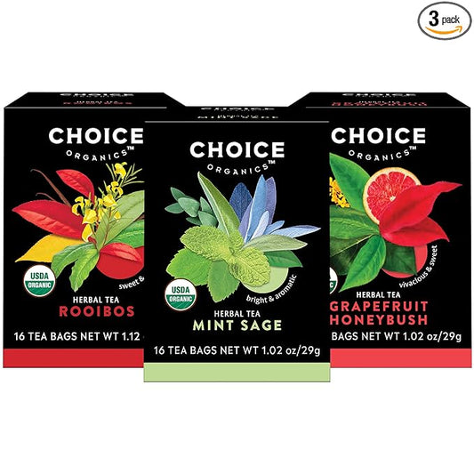 Choice Organic Teas - Herbal Tea Variety Pack Sampler - Includes Rooibos, Grapefruit Honeybush, and Mint Sage Organic Teas - 48 Tea Bags (Pack of 3)