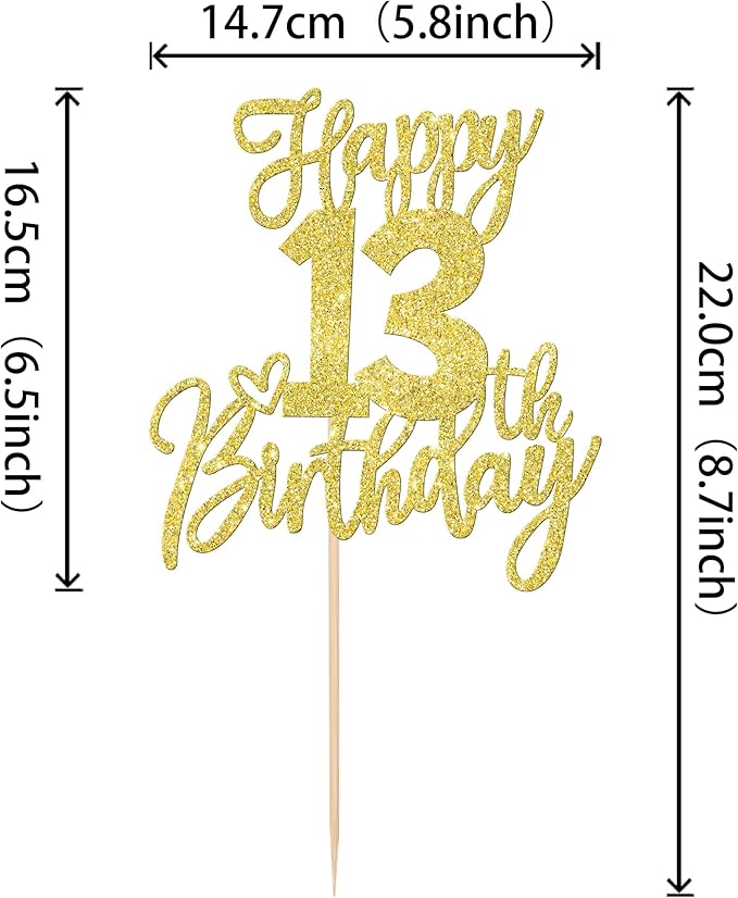 1 PCS Happy 13th Birthday Cake Topper Glitter Cheers to 13 Years Birthday Cake Pick 13 Official Teenager Cake Decoration for Happy 13th Birthday Anniversary Theme Party Decorations Supplies Gold
