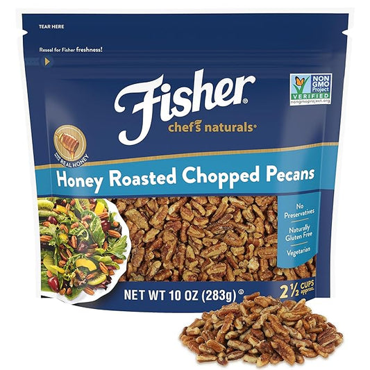 Fisher Chef's Naturals Honey Roasted Chopped Pecans 10oz Resealable Bag, Unsalted Raw Nuts for Cooking, Baking & Snacking, Vegan Protein, Keto Snack, Gluten Free