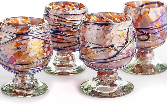 Authentic Mexican Tequila Hand Blown Shot Glasses - Set of 4-2 oz - Mini Glass Snifters - Heavy Base - Cognac (Blue Flame Burst)