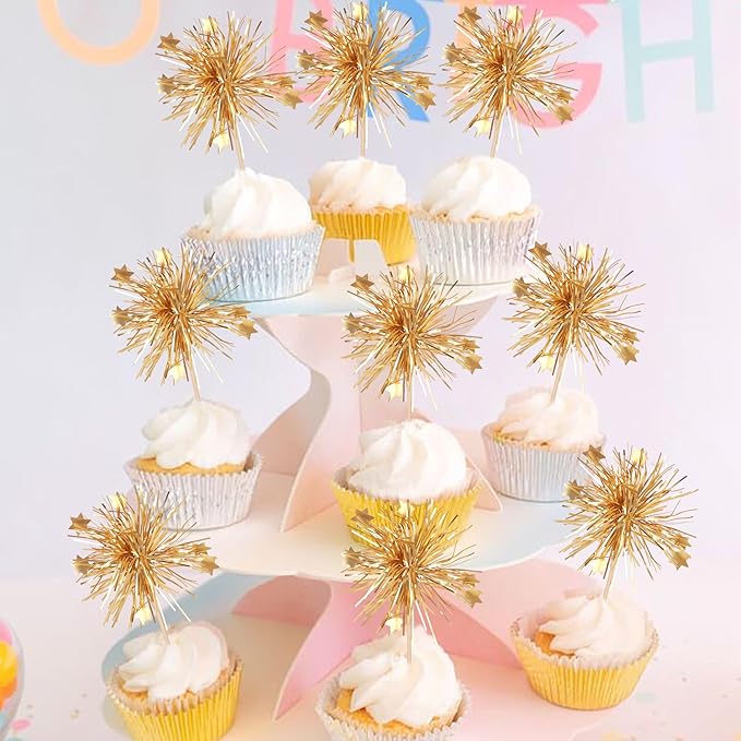 Rsstarxi 30 Pack Birthday Cupcake Toppers Gold Firework Cupcake Toppers Sparkle Tinsel Flower Drink Stirrers Cocktail Food Toothpicks for Valentine's Day Party Cake Decorations