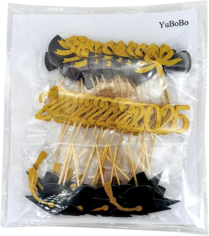 2025 Graduation Cupcake Toppers, 48 PCS Food/Appetizer Picks For Graduation Party Mini Cake Decorations, Diploma, 2025, Grad Cap Set 48 Pieces (01 Gold)