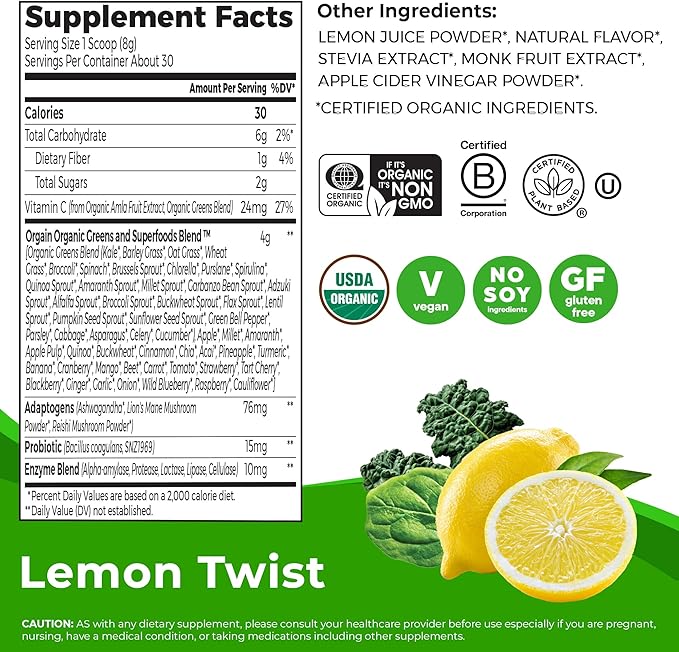 Orgain Supreme Greens Powder with 25 Organic Greens, 50 Superfoods, 1 Billion Probiotics, and Adaptogens, Vegan Greens for Gut Health and Immune Support, 1.5 Servings of Fruit and Veggies, Lemon Twist
