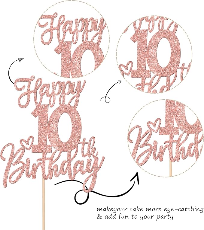 1 PCS Happy 10th Birthday Cake Topper Glitter Cheers to 10 Years Birthday Cake Pick Ten 10 Fabulous Cake Decoration for Happy 10th Birthday Anniversary Theme Party Decorations Supplies Rose Gold