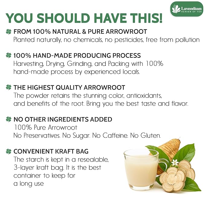 Lavendium, Premium Arrowroot Starch Powder ??17.6oz Resealable Bag, Gluten-Free, Non-GMO, Premium Plant-Based Thickener for Cooking, Baking & Frying. No Sugar. No Caffeine. Vegan
