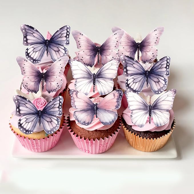 Rsstarxi 60 Pack Edible Butterfly Cupcake Toppers, Edible Butterfly Cake Decorations Butterfly Birthday Party Decorations for Baby Shower Wedding Anniversary Birthday Party Decorations Supplies Purple