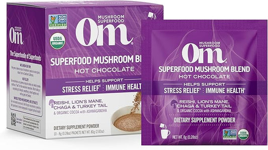 OM MUSHROOM SUPERFOOD Hot Chocolate Blend Mushroom Powder, Single Serve, 10 Count, Dutch Cocoa, 2g