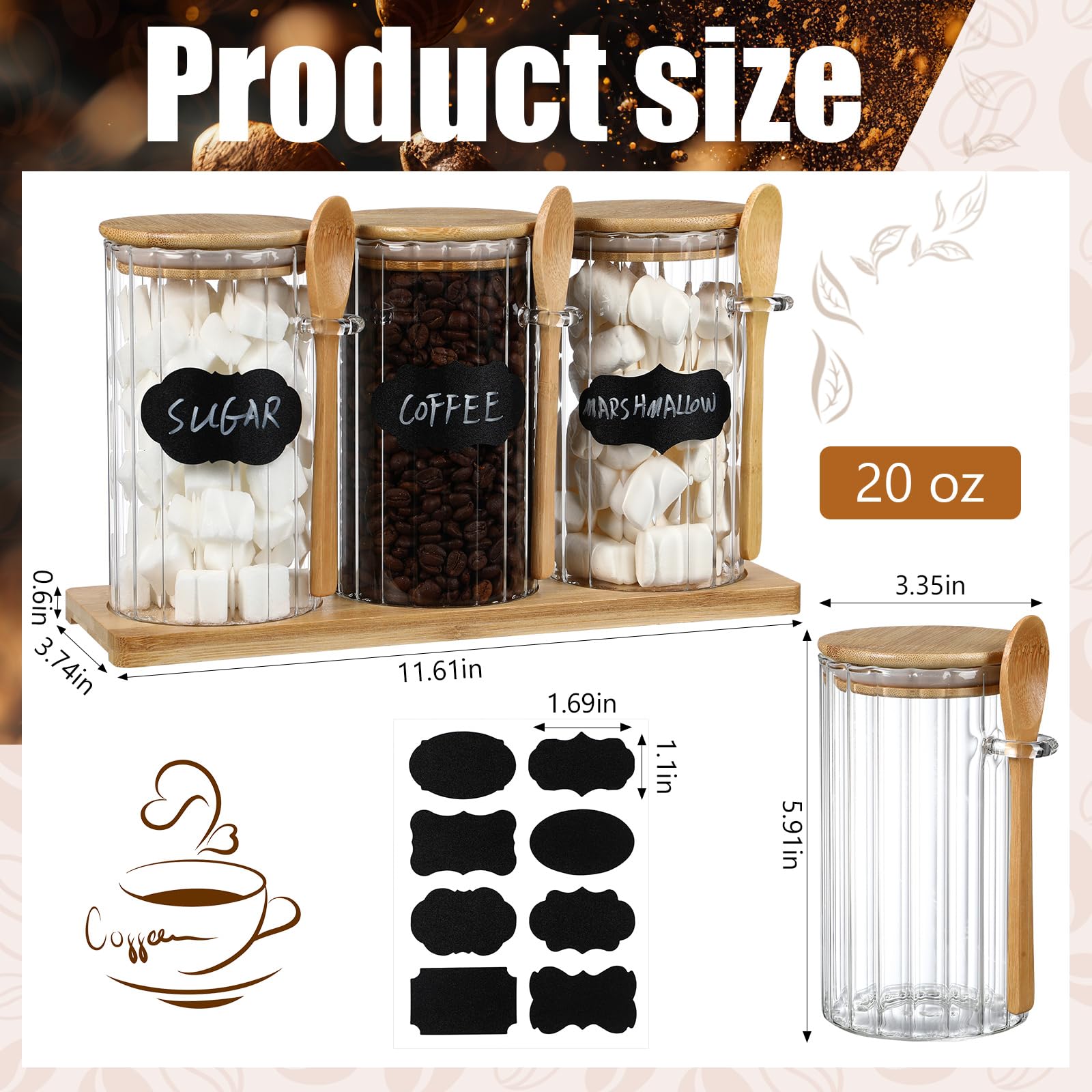 Yiyiring Set of 3 Glass Coffee Container with Bamboo Lids Spoons Labels 25 oz Clear Airtight Jar