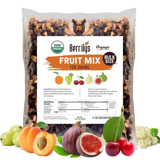 Fruit Mix, Organic, 5 Lbs, Berrilys, Dried Fruits, Diced Figs, Diced Apricots, White Mulberries, Sultanas, Sour Cherries, No Sugar Added, Trail Mix for Baking and Snacking