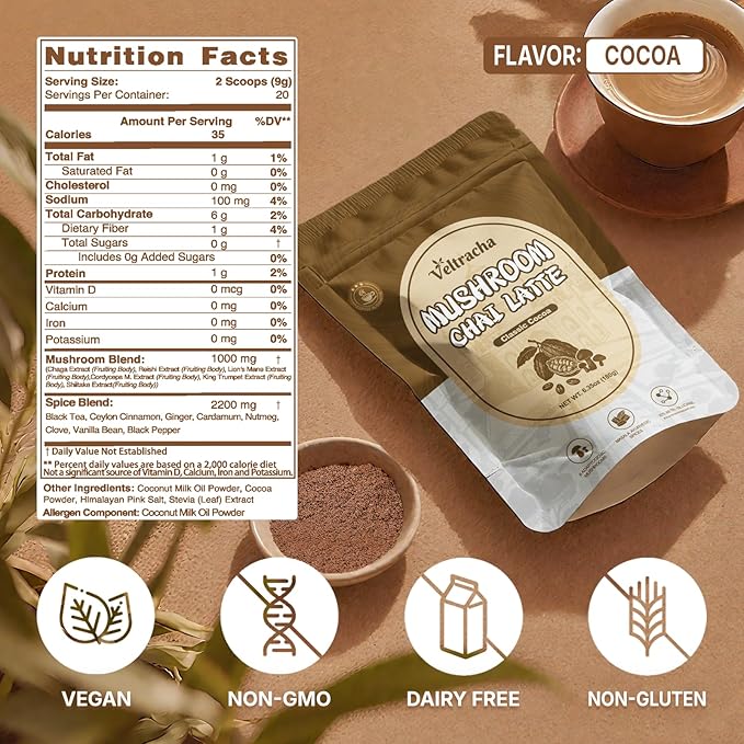 Veltracha Mushroom Chai Tea, Instant Chai Tea Powder with 6 Adaptogenic Mushrooms, Spiced Chai Latte for Energy & Focus Support, 6.35 oz 20 Servings (Classic Cocoa)