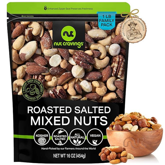 NUT CRAVINGS - Roasted & Salted Mixed Nuts - Brazils, Brazil, Pecan, Almond, Hazelnut, Cashew (16oz - 1 LB) Packed Fresh in Resealable Bag - Food Assortments