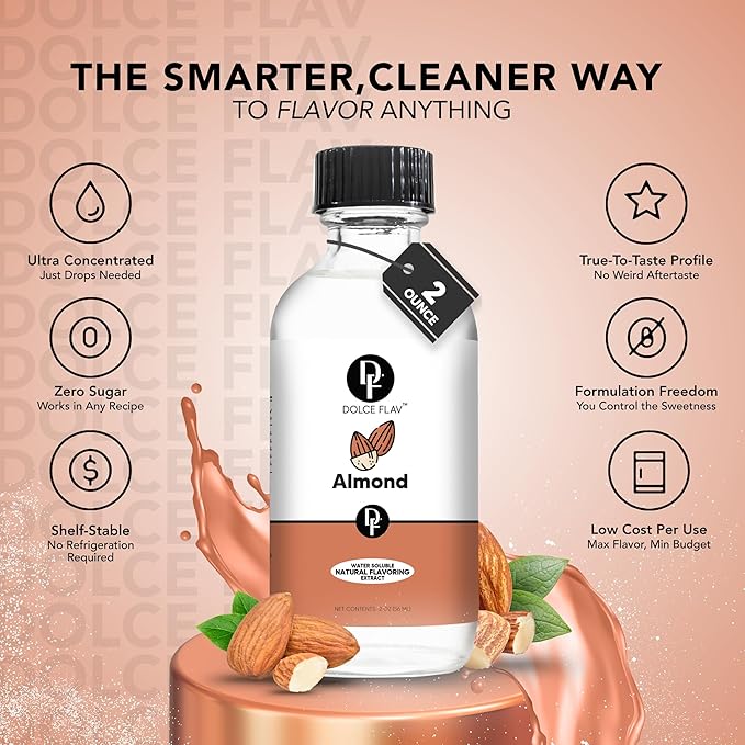 Dolce Flav Natural Almond Extract ??2 Ounce Water-Soluble Kosher, Sugar-Free, Concentrated Pure Almond Flavoring for Baking, Pastries & Beverages, Includes Measured Dropper
