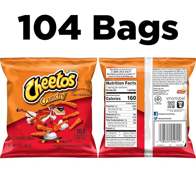 Cheetos Cheese Flavored Snacks, Crunchy, 1 Ounce (Pack of 104)