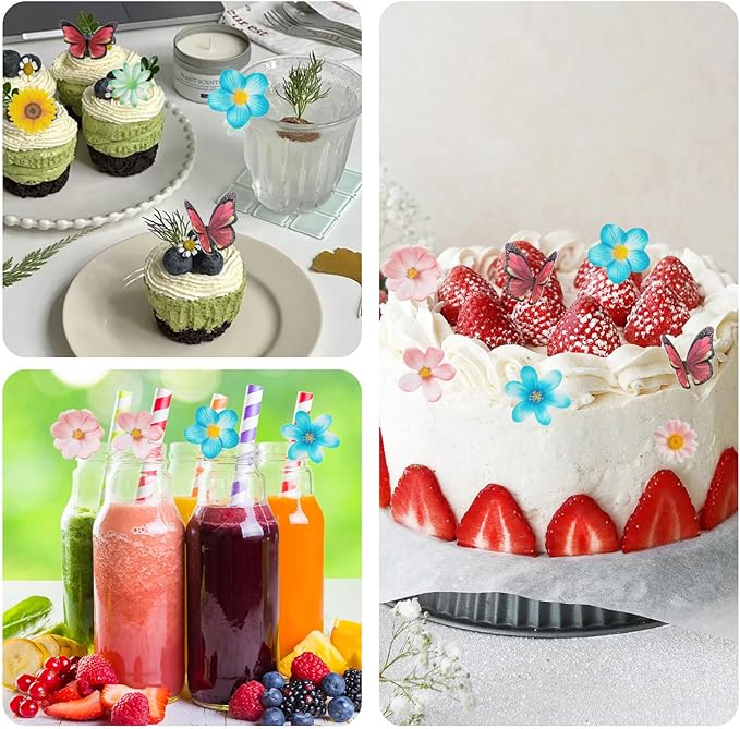 55 Pcs Edible Flowers Cake Decorations - Edible Wafer Paper Flowers & Butterflies Cupcake Toppers for Wedding Birthday Party Cake Decorating (Mixed Size & Colour)