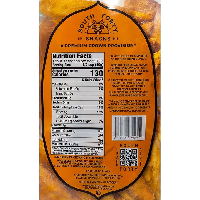 South 40 Snacks Organic Dried Mango Slices, Just 1 Ingredient (4oz bags, pack of 4)
