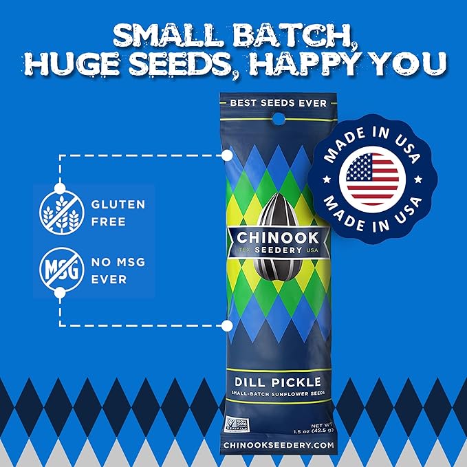 Chinook Seedery Roasted Sunflower Seeds to Eat - 1.5 oz (Pack of 36) Dill Pickle - Jumbo Low Sodium Sunflower Seeds Keto Snacks - Adventure, Baseball, School Snacks - Gluten Free, Non GMO Snacks