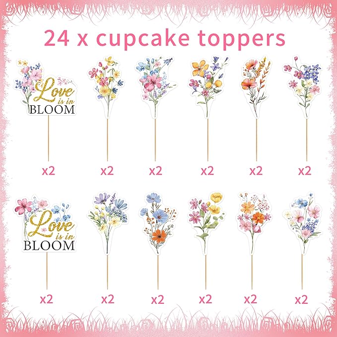 24 Pcs Love is in Bloom Cupcake Toppers, Love in Bloom Bridal Shower Cupcake Decorations, Flower Theme Party Supplies, Engagement Wedding Cake Party Decor