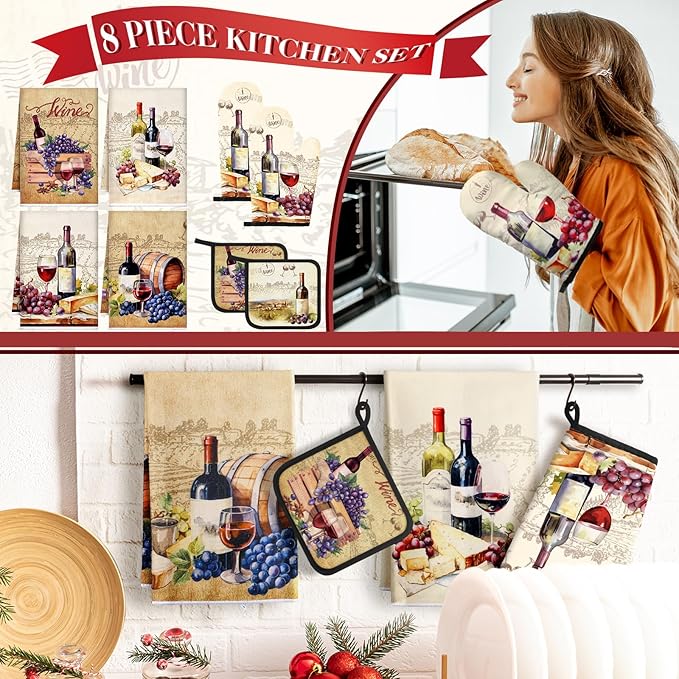 Bencailor 8 Pcs Kitchen Towel Pot Holders and Oven Mitts Set Kitchen Decoration 4 Dish Towels 2 Retro Oven Mitts 2 Potholders for Housewarming Gift Cooking Baking Grilling(Red Wine,Vintage Color)