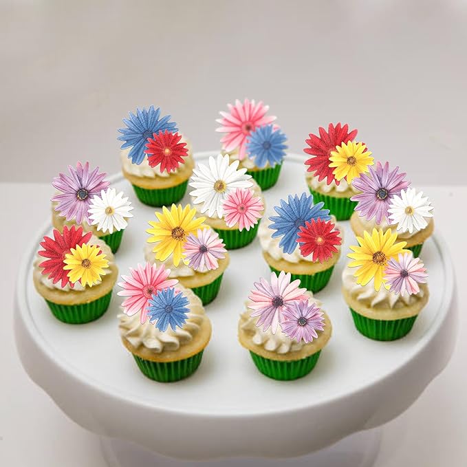 60 Pack Edible Flower Cupcake Toppers Wafer Paper Flower Cake Picks for Bridal Engagement Baby Shower Wedding Birthday Party Cake Decorations Supplies Colorful Style 2