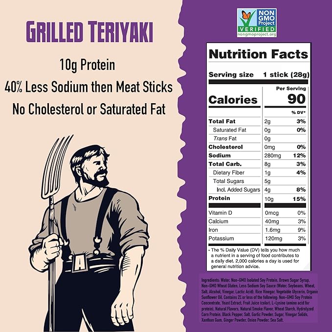 AGRO POWER Vegan Jerky Sticks ??Grilled Teriyaki Flavor ??7-Stick Bag of Plant-Based Jerky with 10g Protein ??Non-GMO, Low Sodium, High Protein Vegan Snack ??Vegetarian Meat Alternative