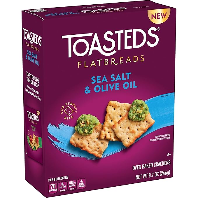 Toasteds Flatbreads Crackers, Party Snacks, Lunch Snacks, Sea Salt and Olive Oil (12 Boxes)