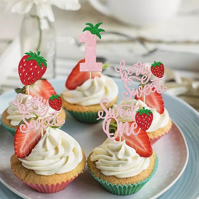 24 Pack Sweet One Cupcake Toppers Glitter First Birthday Strawberry Cupcake Picks for Fruit Baby Shower 1st Birthday Berry Sweet Cupcake Decorations Party Supplies Pink