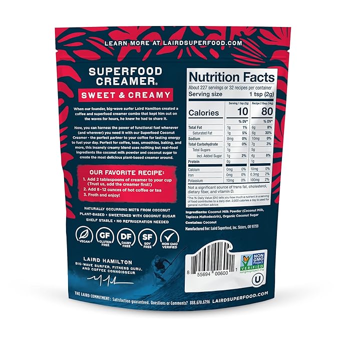 Laird Superfood Non-Dairy Superfood Creamer - Coconut Powder Coffee Creamer - Sweet & Creamy - Gluten Free, Non-GMO, Vegan - 16 oz. Bag, Pack of 1