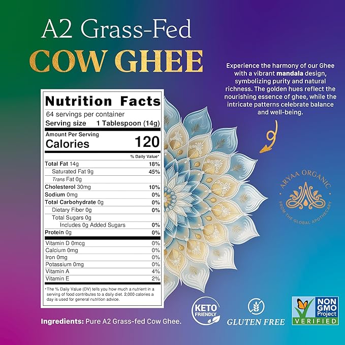 Aryaa Organic A2 Ghee | Grass-fed Cow Ghee, Bilona Method |1Liter (34 fl oz) | Premium Ayurvedic Elixir | Lactose-free, Non-GMO, Keto-Friendly, Gluten-Free, Hormone-Free, Additive Free