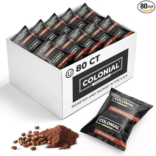 Colonial Coffee 80 Count Single Pot Coffee Packets ??100% Arabica Decaf Colombian Medium Roast | Pre-Measured Frac Packs for 12 Cup Maker | Bulk Ground Gourmet Coffee for Home & Office