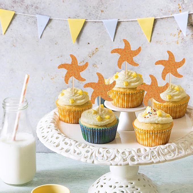 24 PCS Starfish Cupcake Topper Ocean Themed Party Starfish Cupcake Decorations Baby Shower Birthday Party Decorations
