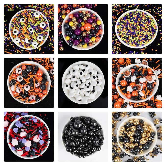 Edible Halloween Sprinkles,Purple Heart Pink Brain and Black Skull Monster, Red Black Pearls and Jimmies Mixed,130g/4.58ounce ,Perfect for Cake Decorations, Baking, Ice Cream, Cookies, Cupcake Topper,Halloween Supplies Children's Party