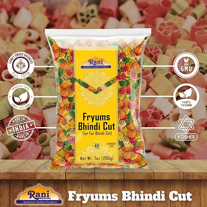 Rani Far Far/Fryums (Wheat & Tapioca Pellet) Bhindi Shape 7oz (200g) ~ Vegan, Kosher, Uncooked, Used to Make Papad, Bhungra/Chip Snack