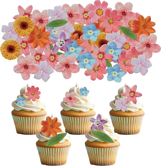 50 PCS Edible Flowers Cupcake Toppers Sunflower Cherry Blossom Green Leaf Cake Toppers Flowers Birthday Decorations for Wedding Themed Party Baby Shower Birthday Cake Decoration Mixed Size & Colour