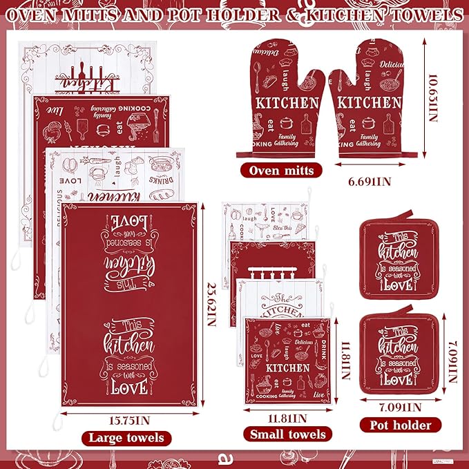 Bencailor 12 Pcs Farmhouse Kitchen Decor Sets, 8 Red Kitchen Dish Towels 2 Pot Holders 2 Oven Mitts Glove, Rustic Hand Towels and Dishcloths Sets for Home Decorations Accessories Christmas Mom Gifts