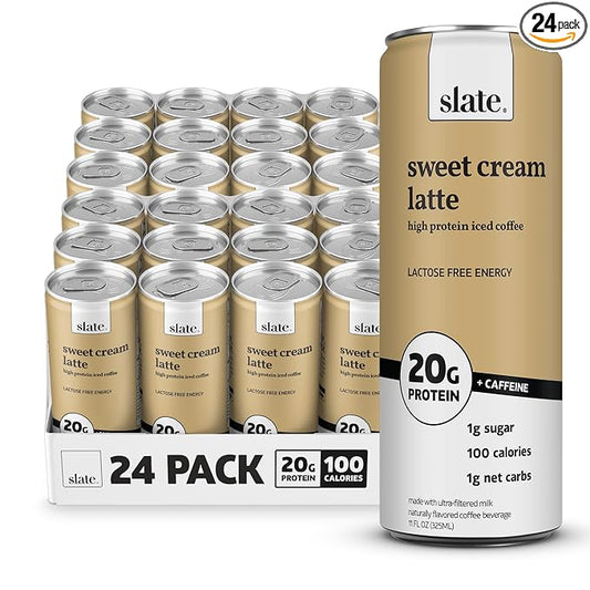 Slate Milk - High Protein Iced Coffee - Sweet Cream Latte - 175mg Caffeine, Lactose Free Energy - 20g Protein, 1g Sugar, 100 Calories, 1g Net Carbs, No Sugar Added - Protein Coffee - 11 fl oz, 24 Cans