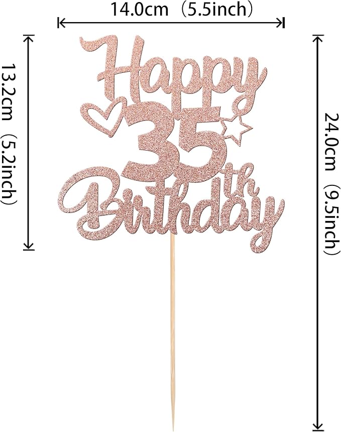 1 Pack Happy 35th Birthday Cake Topper Glitter Heart Star 35 Fabulous Cake Pick Birthday Sign Cake Decorations for Children 35th Birthday Theme Party Supplies Rose Gold