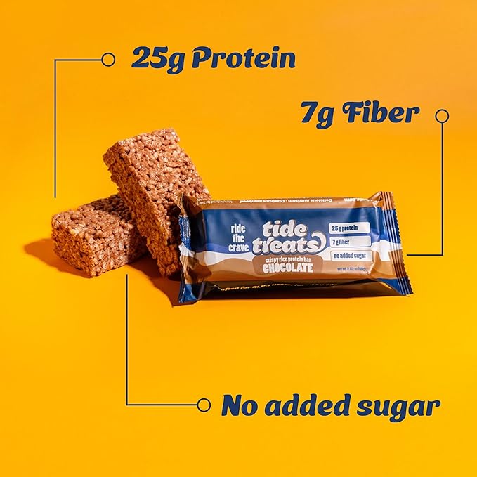 25g Protein Bar Crispy Rice Treat Chocolate | Clean Ingredients, Gluten Free, No Added Sugar, 7g Fiber | High Protein Snack, Post-Workout Dessert Cravings | 8 Count | TideTreats
