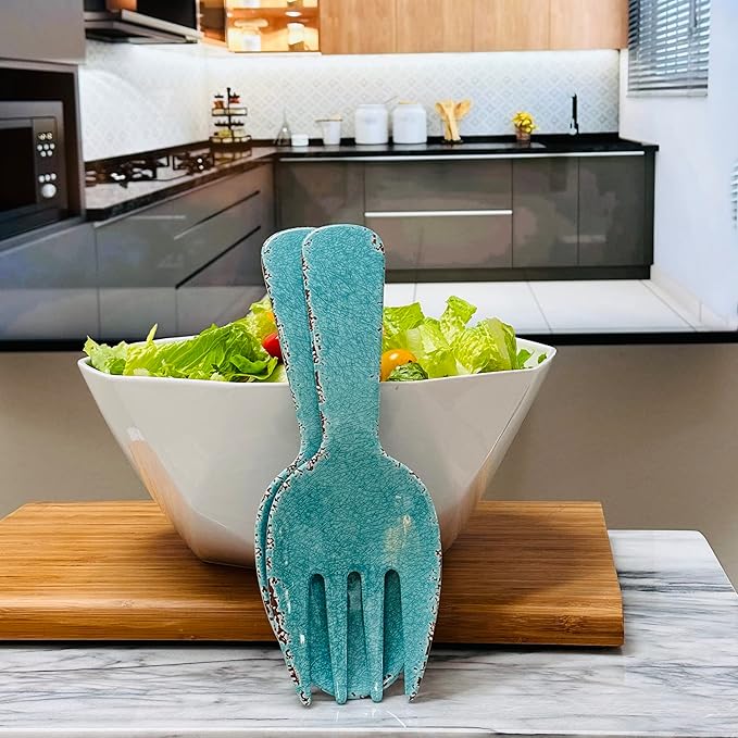 UPware Crackle Melamine Salad Servers, Serving Utensil Set, Includes Serving Fork and Spoon for Tossing Salad, Pasta, Turquoise, 10.75 Inch, Set of 2