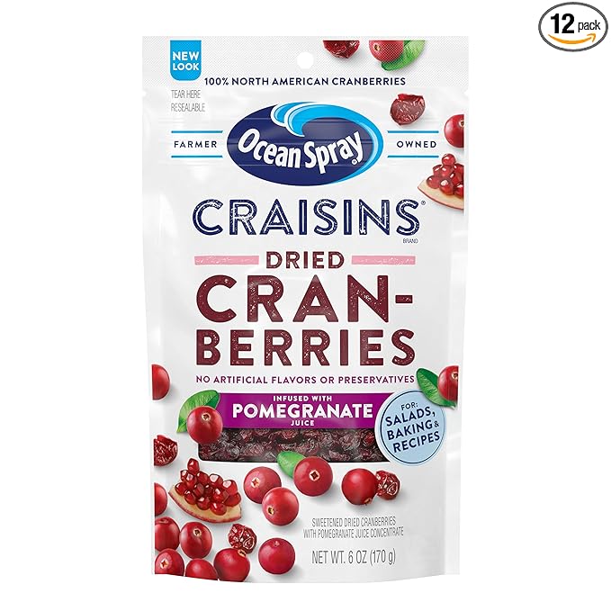 Ocean Spray® Craisins® Pomegranate, Dried Cranberries Infused with Pomegranate Juice, Dried Fruit, 6 Oz Pouch (Pack of 12)