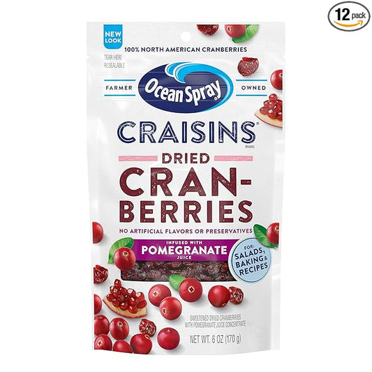 Ocean Spray® Craisins® Pomegranate, Dried Cranberries Infused with Pomegranate Juice, Dried Fruit, 6 Oz Pouch (Pack of 12)