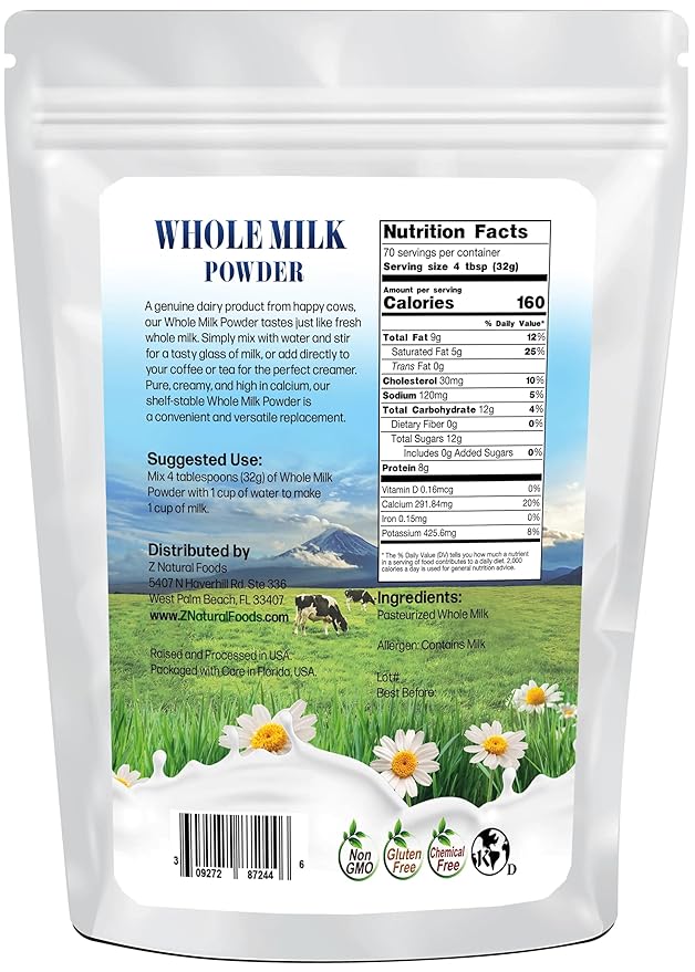 Z Natural Foods Premium Whole Milk Powder - Powdered Milk for Baking, Cooking, Drinks - Dry Milk Powder, Pasteurized, Non-GMO, Gluten-Free, Kosher-Certified, 5 lbs