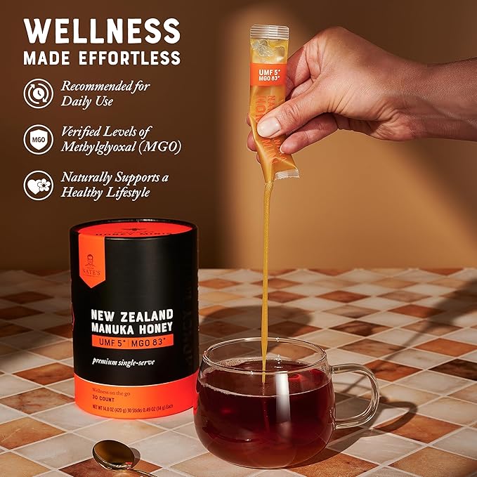 Nate's Manuka Honey Minis - 30 count Single-serve, Pure Manuka Honey - MGO 83+ | UMF 5+ Certified - 30 Single-Serve Packets for On-the-Go Daily Wellness