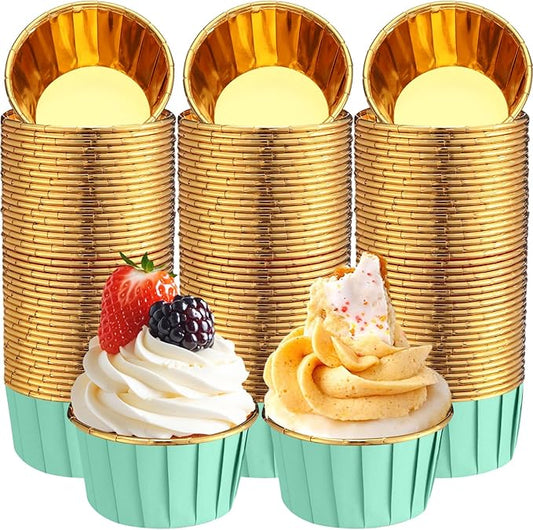 300 Pack Green Gold Cupcake Cups Bulk Disposable Foil Muffin Liners 3.5 oz Wrappers for Baking Aluminum Paper Mini Metallic Disposable Holiday Party Wedding Festival Supply