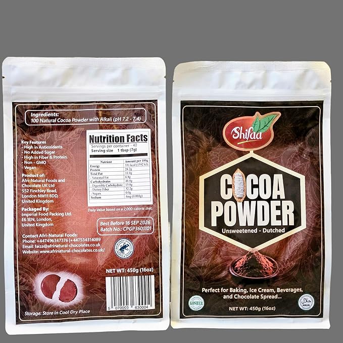 Cocoa Powder Unsweetened, Shifaa Alkalized - Reddish Brown:10-12% | Rich in Antioxidants, High Fibre & Protein | No Sugar Added | Vegan, Non-GMO | Halal & Kosher | For Baking, Drinks, Desserts ??16oz