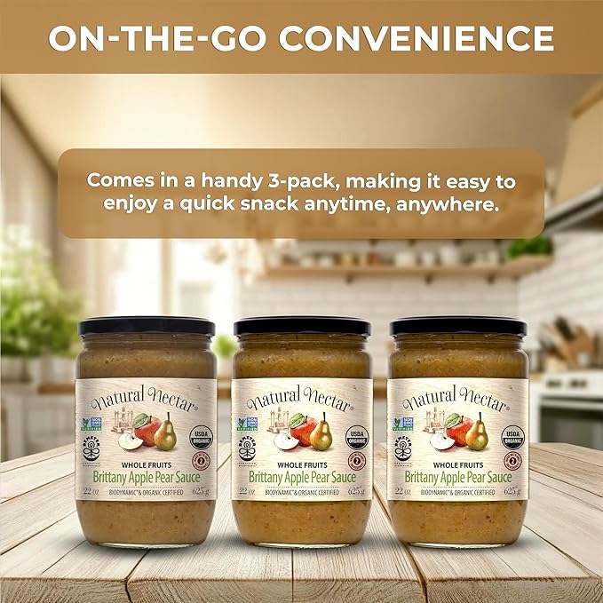 Natural Nectar Biodynamic & Organic Brittany Apple & Pear Sauce, Pack of 3 - Perfect for Breakfast, Snacks, or Desserts | USDA Organic Apple Sauce Certified, No Added Sugars ??22 oz Each