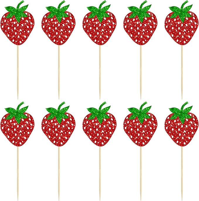 24 Pack Strawberry Cupcake Toppers Glitter Birthday Strawberry Cupcake Picks for Fruit Baby Shower Kids Birthday Summer Berry Cupcake Decorations Party Supplies Red